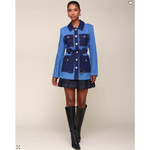 NEW Avec Les Filles Denim Military Jacket Small Blue Jean Cargo Belted Blazer - Picture 3 of 16